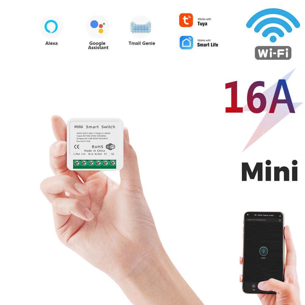 Mini Tuya Wifi DIY interruptor soporta 16/10A 2 Control DE vía Módulo de automatización de domótica trabaja con Alexa Google vida inteligente App