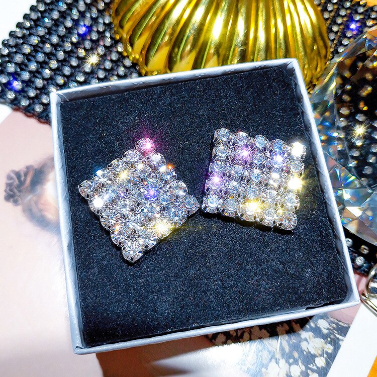 Super large Square Shining Women Full Rhinestone Jewellery Earrings Geometry Crystal Valentine&#39;s Day: Silver Plated