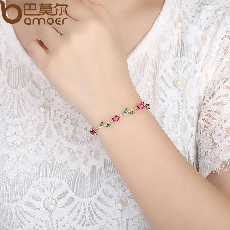 BAMOER Rose Gold Color Leaf Chain & Link Bracelet with Red + Green AAA Zircon for Mother Jewelry JIB072