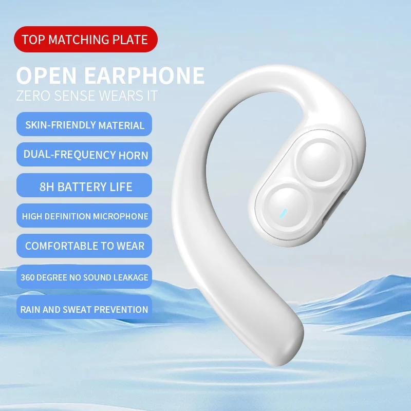 Bezprzewodowe słuchawki Bluetooth Pełny otwarty zestaw słuchawkowy Przewodnictwo powietrzne Słuchawki z zaczepem na ucho Zestaw głośnomówiący z redukcją szumów Audifonos Sporty: biały