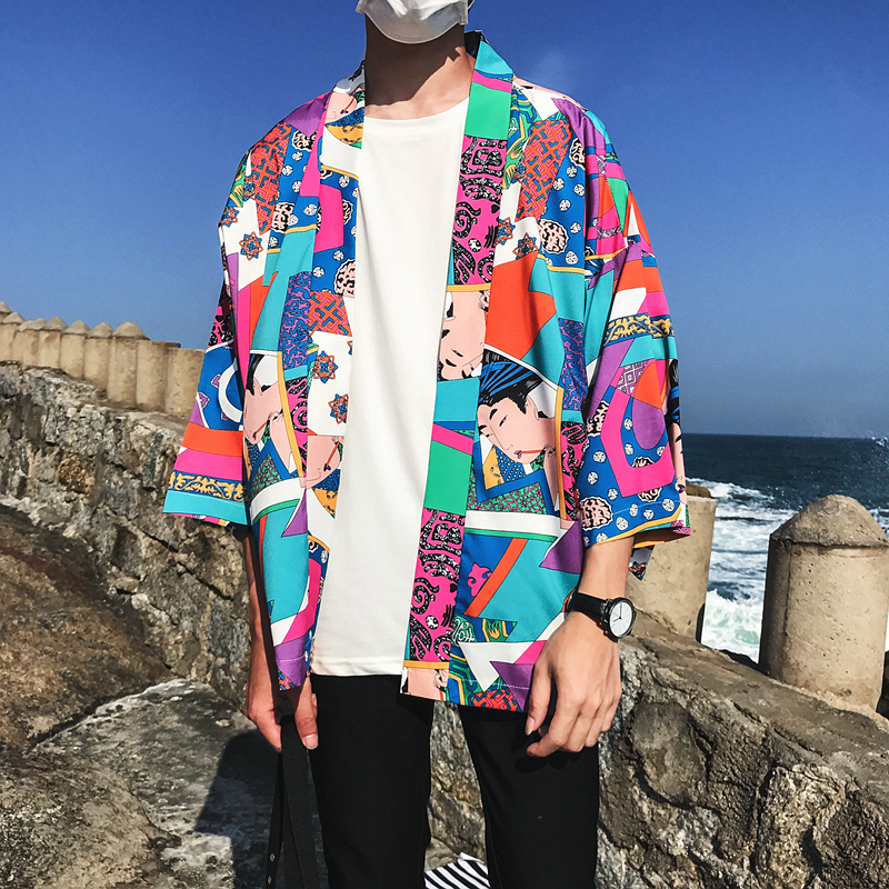 Oscn 7 trykt kimono cardigan skjorte herre street korea trekvart ermer frakk skjorter harujuku herre skjorte 8805: Svart / L