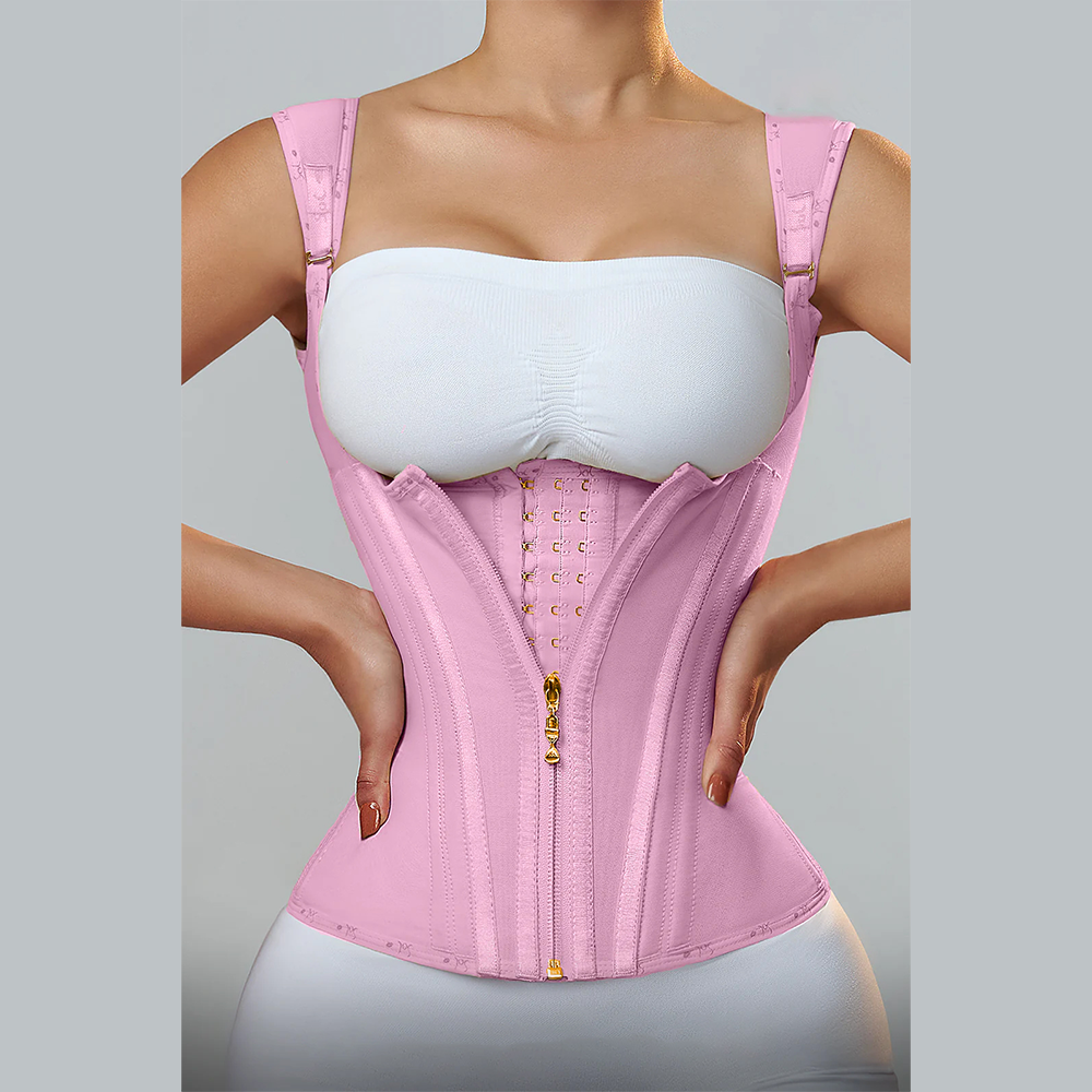 Fajas Colombianas – Corset d'entraînement de taille à Double Compression pour femmes, avec fermeture éclair réglable en os et yeux à crochet, modelant le ventre plat: XL / Rose