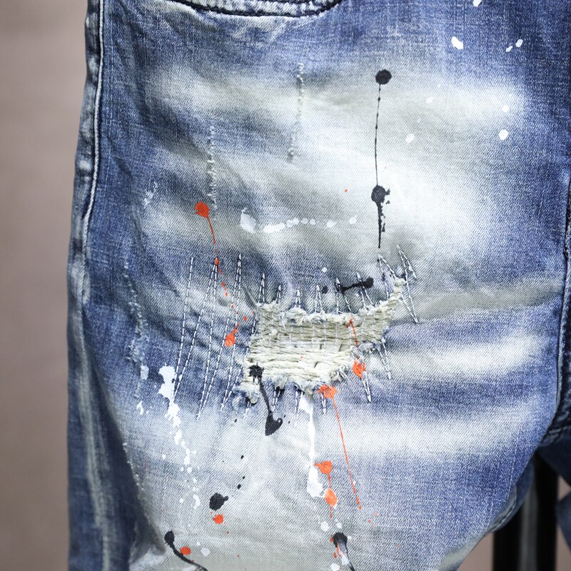 Calções de brim de hip hop para homens rasgado estiramento fino ajuste shorts 2022 verão nova pintura retalhos afligido calças corpado