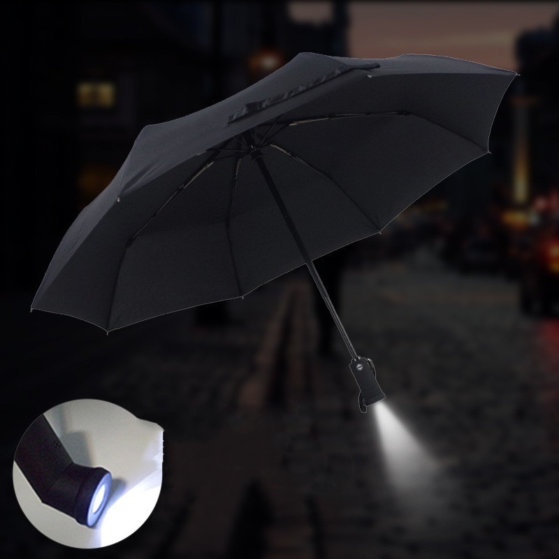 Winddicht Reizen Regen Paraplu Vrouwen Drievoudige Paraplu Zaklamp Turn Led Auto Vouwen Mannen Business Paraplu