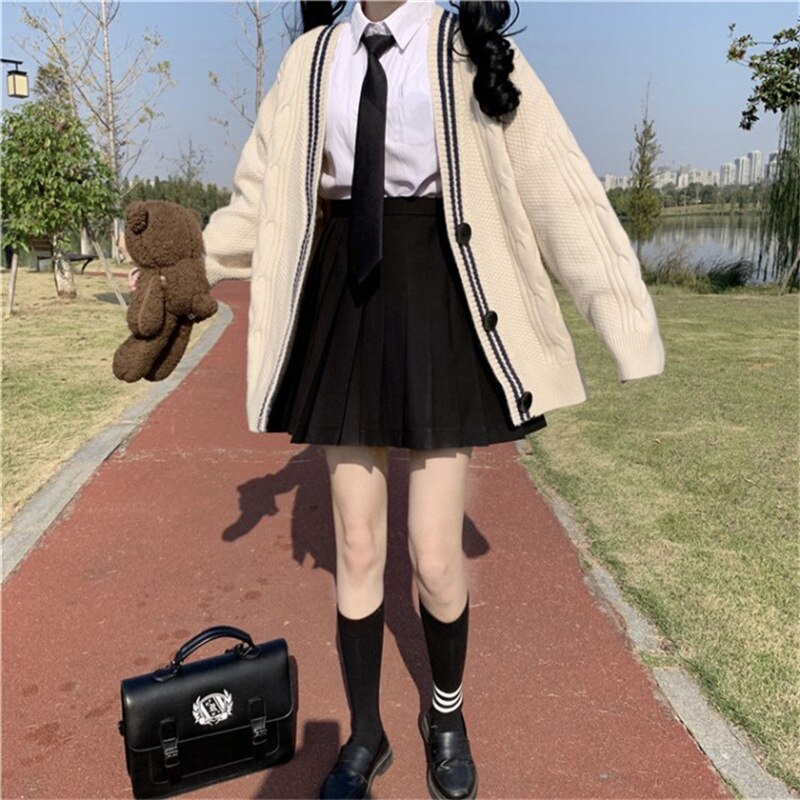 Japanese Korean School Uniform for Girls Autumn Winter College Style Loose Knitted Cardigan Solid Color Sweet Coat 2022