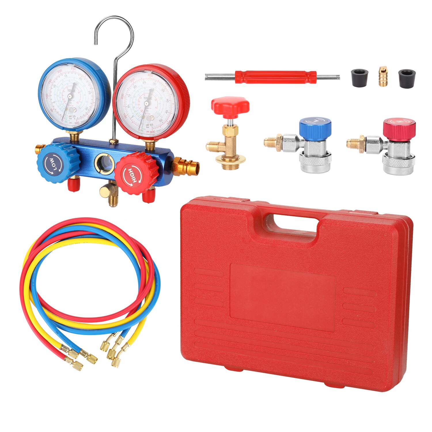 YS-025 Refrigerant Gauge Kit Manifold Dual Gauges Set Refrigeration Equipment Pressure Measuring Tool Kit with 3 Recharge Hoses