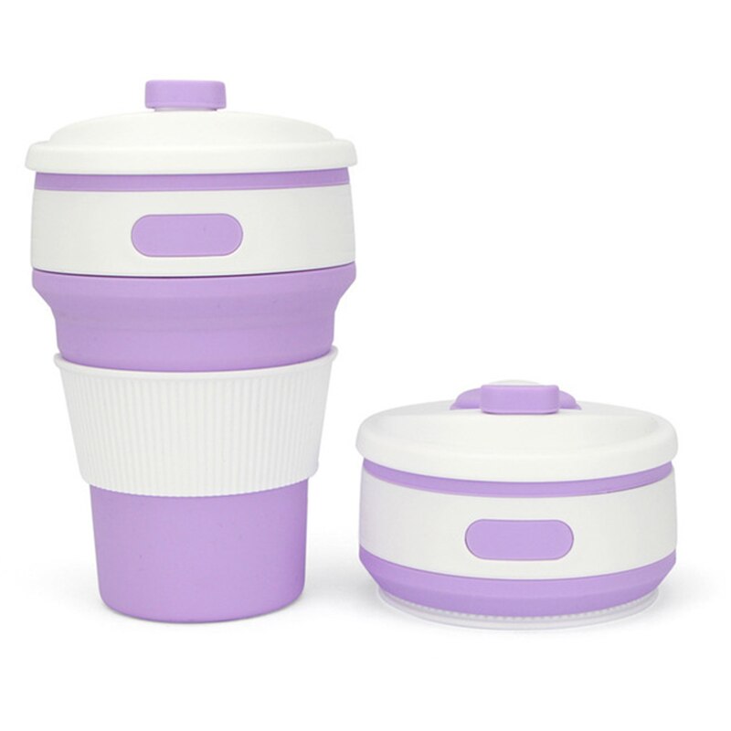 Outdoor Travel Portable Folding Coffee Cup Camping Travel Reusable Silicone Water Cup with Cover: purple