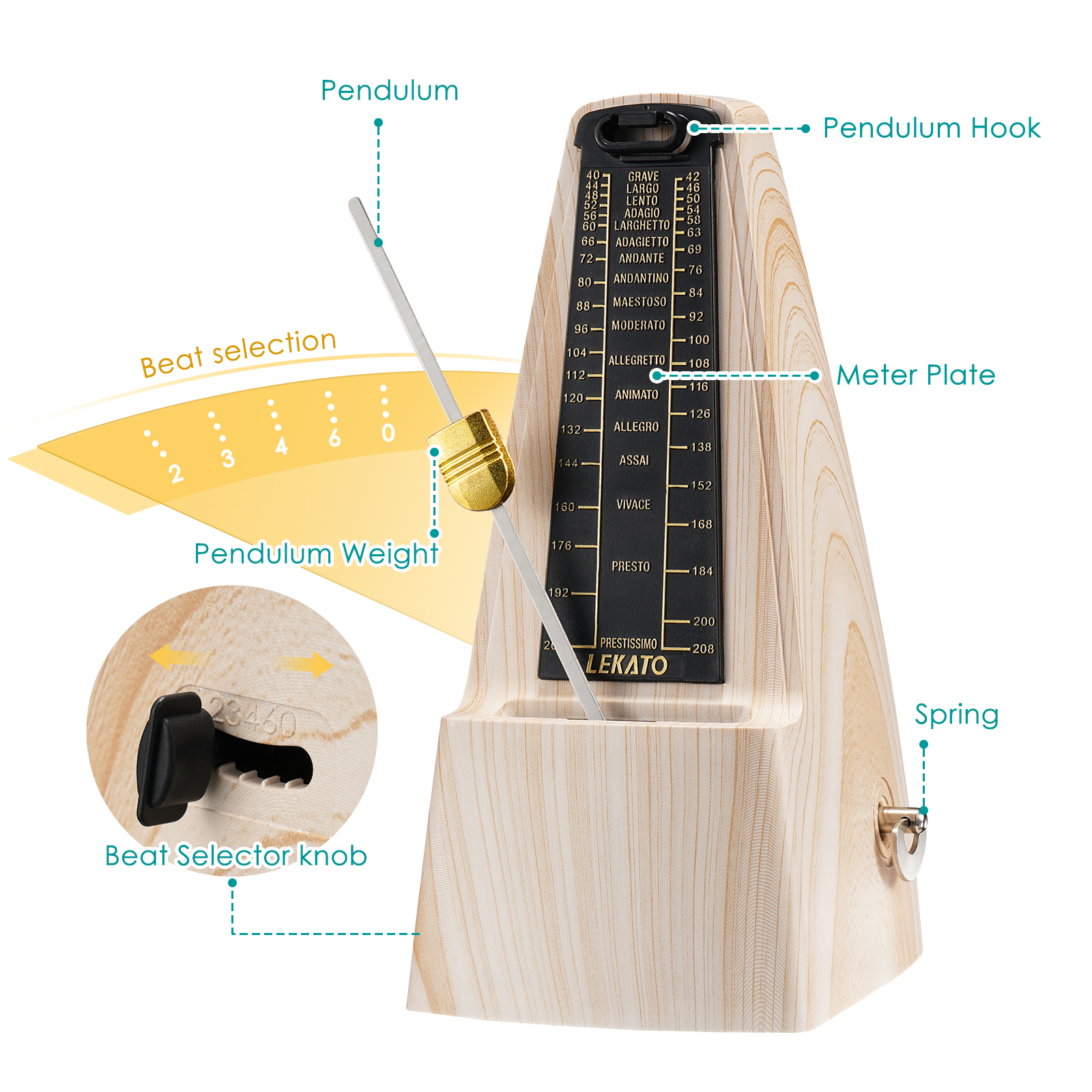 Metronoom voor piano Gitaar Drum Viool Mechanische metronoom Nauwkeurige track Beat Tempo voor beginners Essenhoutnerf van LEKATO