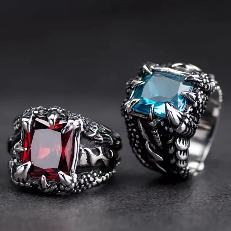 Gothic Blue and Red Crystal Zircon Evil Demon Dragon Claw Ring for Men Gram Biker Punk Rock Hip Hop Opening Rings Cool Jewelry