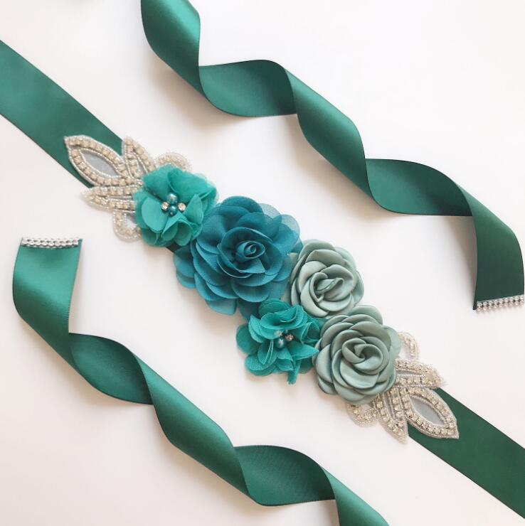 Vintage sidenband långa bälten chiffong blommor glänsande strass kvinna skärp bälten bröllop bröllop formell tillbehör: Grön