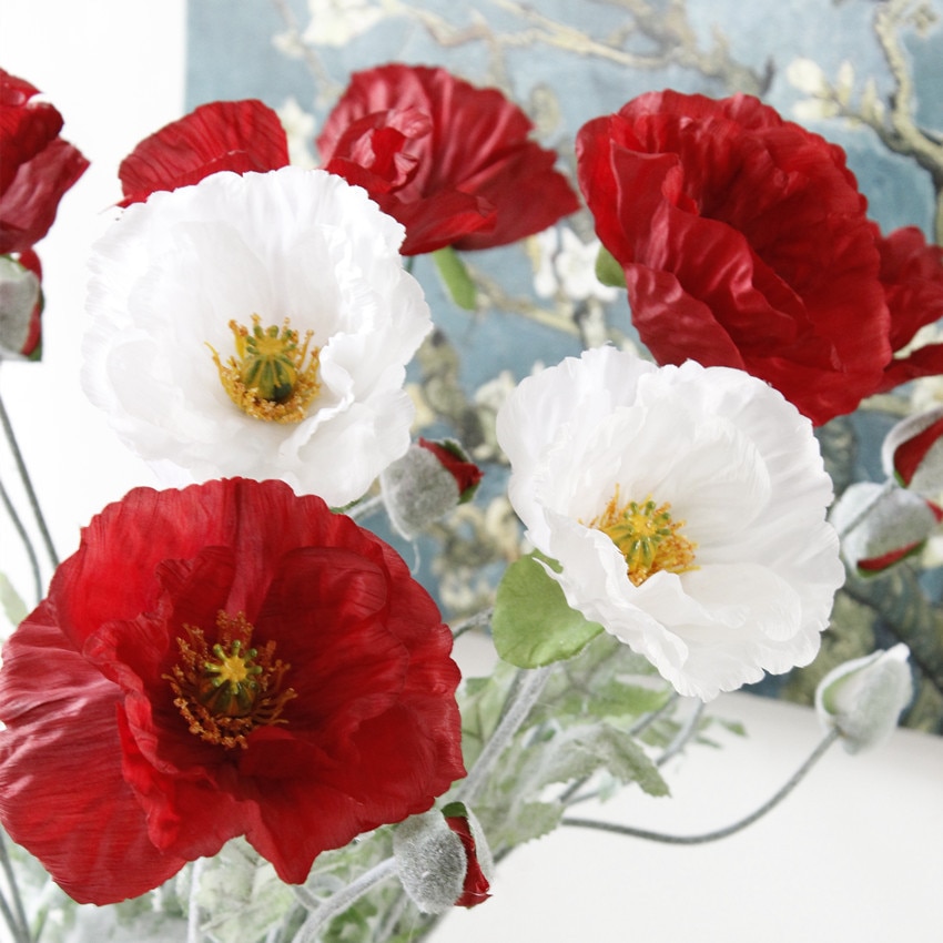 Stor rød valmuegren med flokkede blade kunstige blomster hjem stue dekoration fest favoriserer fotografering valmuer