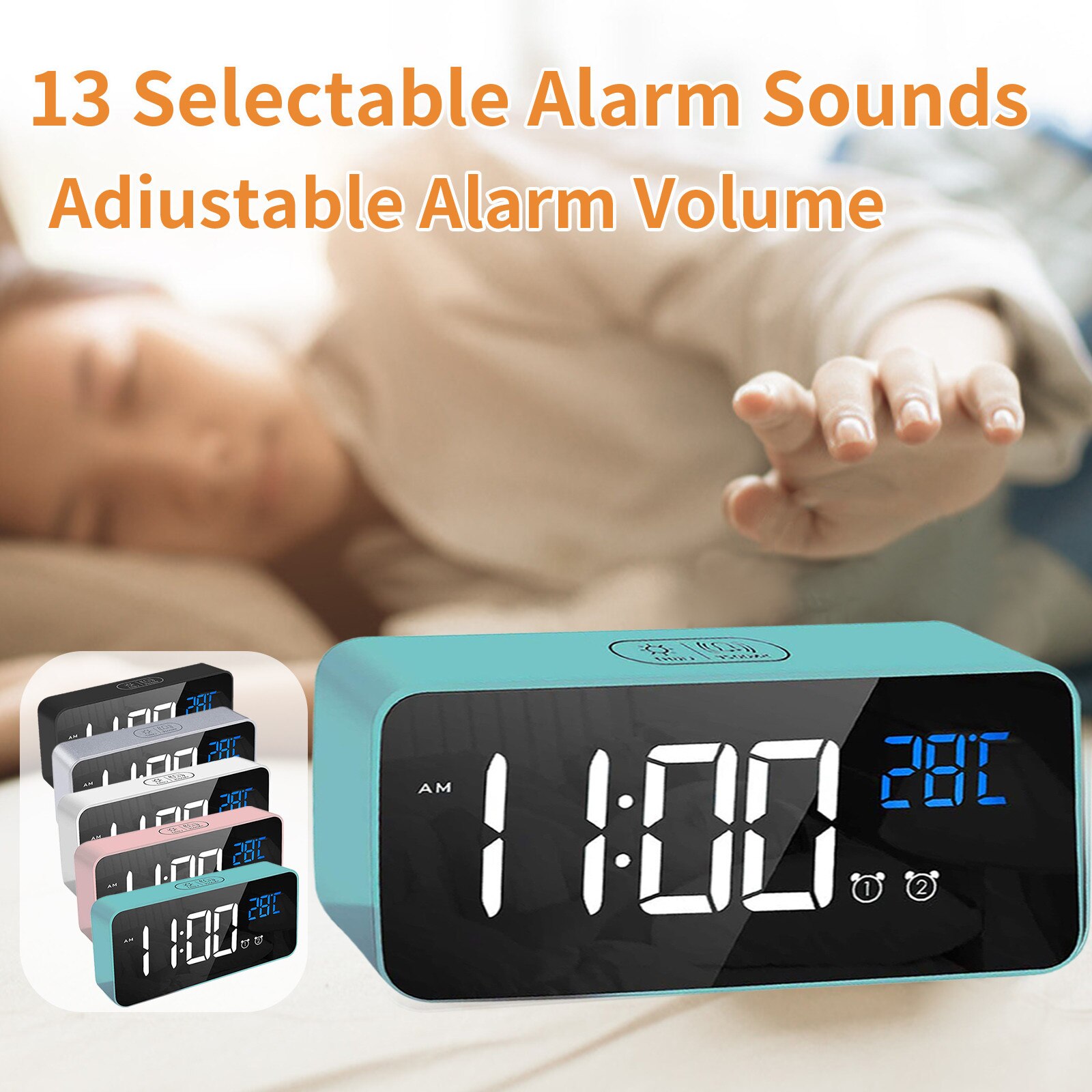 LED Mirror Alarm Clock Sound-Activated Clock Rechargeable Bedside Music Clock Multiple wake-up music#55