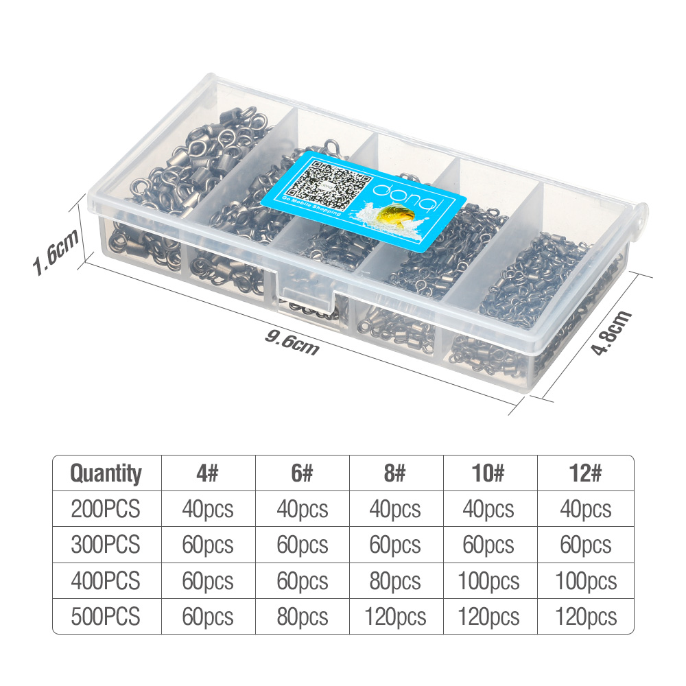 DONQL 200/500PCS Vissen Connector Set Ball Bearing Swivel Solid Ring Vissen Connector Barrel Rolling Swivel Lokken 4 #-12 #