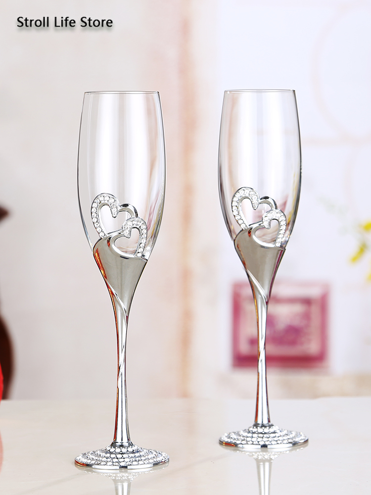 Crystal Heart-shaped Wedding Glasses Champagne Wine Glass Goblet Beer Red Wine Glass Cups Copas De Cristal Box Set FJ016