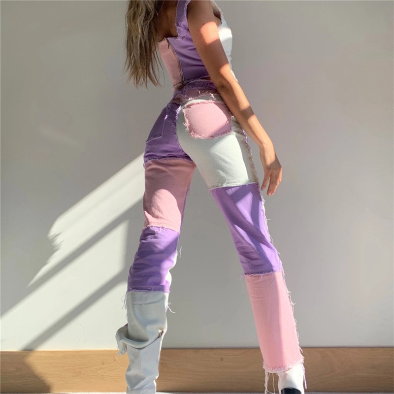 Streetwear dame  y2k bodycon jeans lappeteppe harajuku estetiske bukser jeans høy midje denim 90s jeans cuteandpsycho
