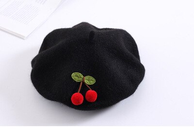 Béret de cerise pour enfants, chapeau pour fille, couleur Pure, mignon, Style japonais, fait à la main, , collection automne hiver, 48-52CM: black