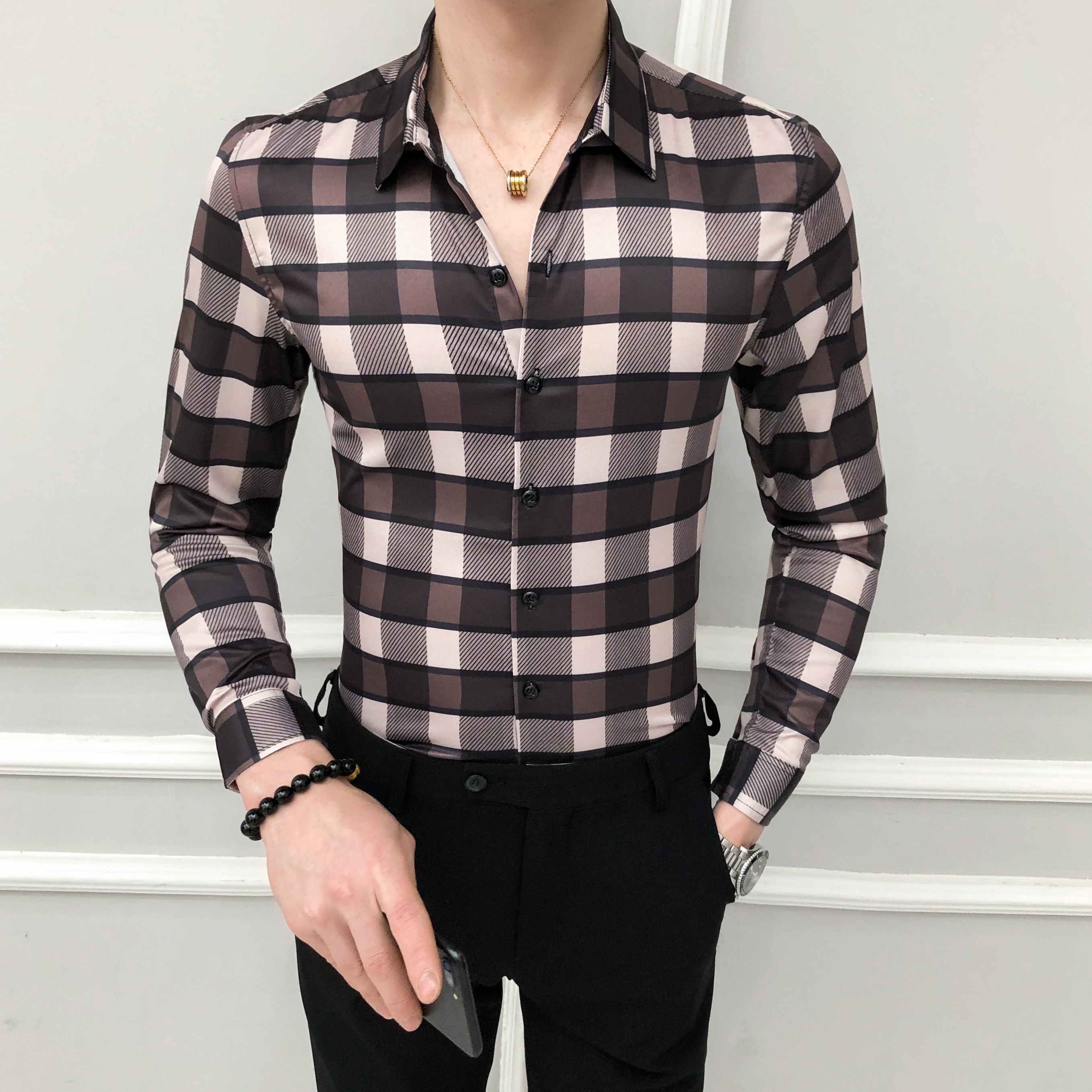 Camisa clásica a cuadros para hombre, camisas formales entalladas informales de manga larga para negocios, ropa de calle, ropa Social para hombre