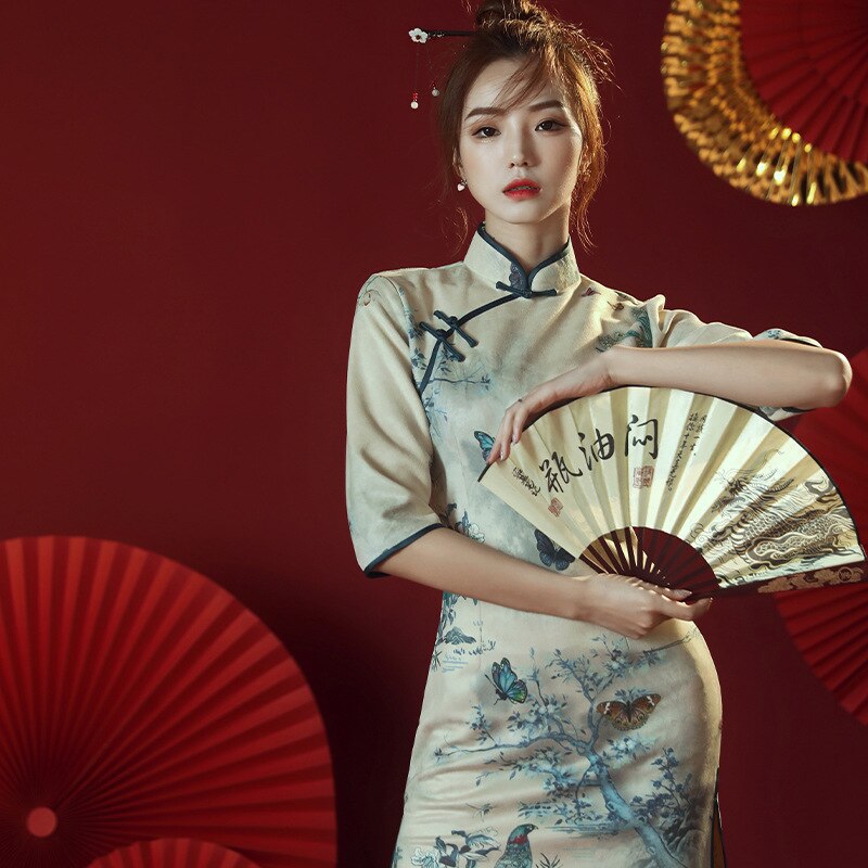 Qipao chino tradicional de para mujer, vestido de media manga, Cheongsam impreso, , de noche, ropa de Año Chino