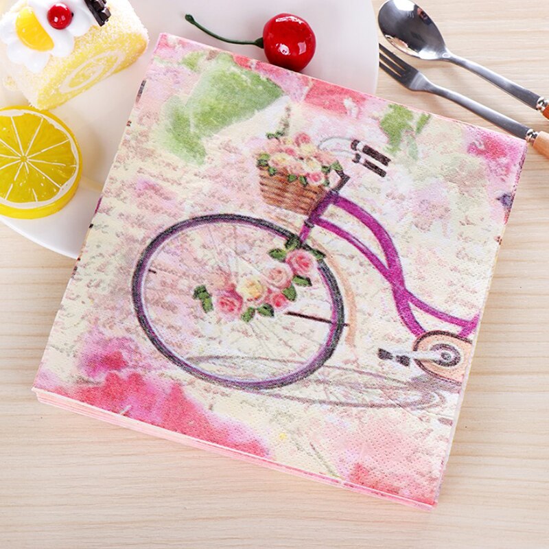 20 Vintage Servetten Gedrukt Papier Servetten Roze Bloem Vlinder Fiets Decoupage Servetten Wedding Party Tafel Decor Zakdoek