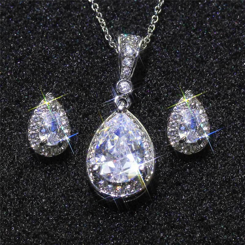 Luxury Female White Crystal Jewelry Set Charm Silver Color Stud Earrings For Women Dainty Geometry Zircon Wedding Chain Necklace