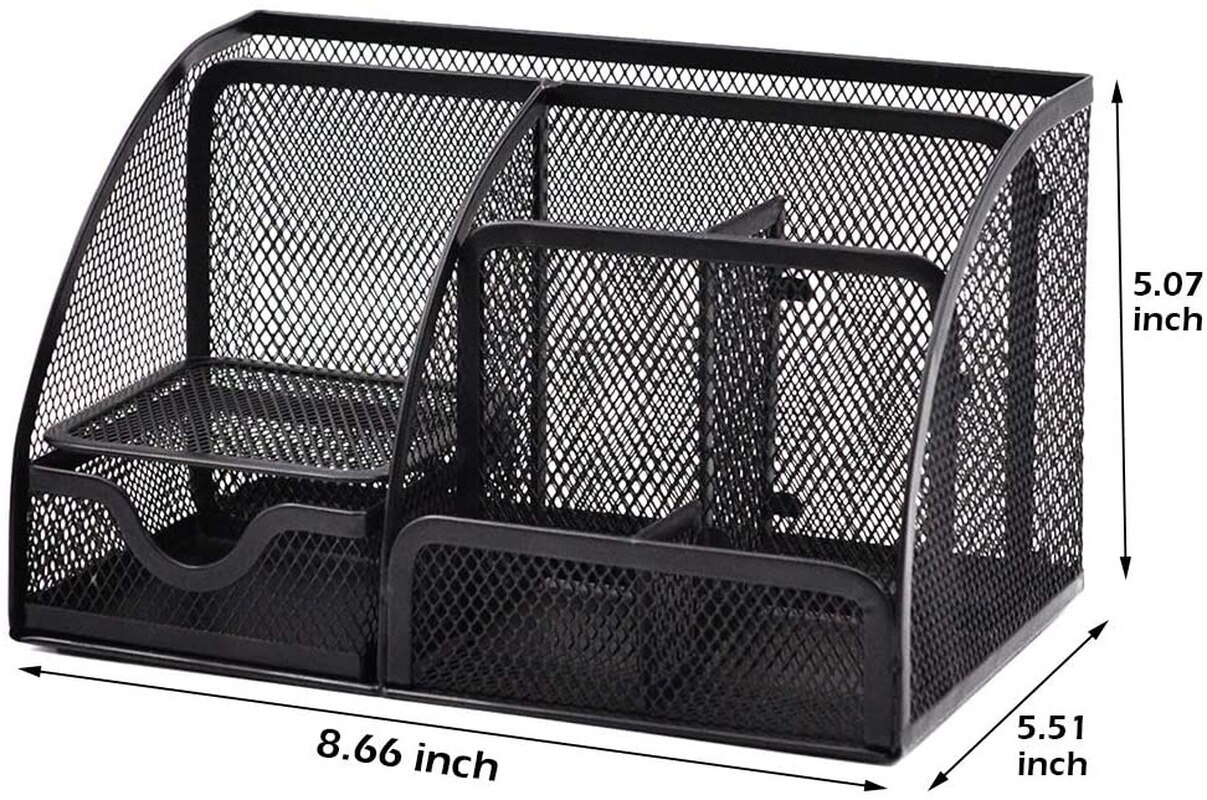 Mesh Desk Organizer Pen Holder Accessories Storage Caddy with 6 Compartments and Drawer Office Supplies