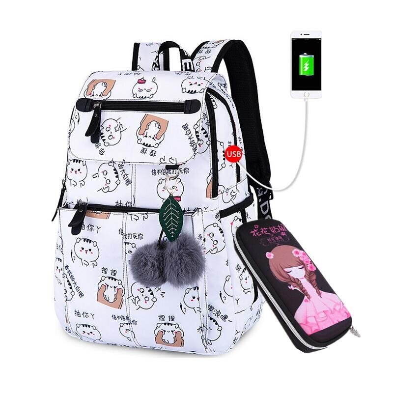 Fengdong-mochila escolar floral para niños, mochilas de escuela para niñas, estudiantes y niñas, pluma bonita, Juego de lápices: white cat