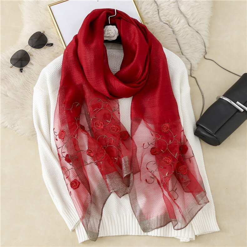 Real Silk and Wool Women Scarf Floral Embroidery Lady Headband Scarves Pashmina Shawl Wraps Bandana Hijab Big Size Beach: 1