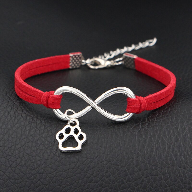 Cute Mini Dog Paw Prints Charms Bracelet Antique Silver Color Love Infinity Leather Bracelets For Women Jewelry: Red