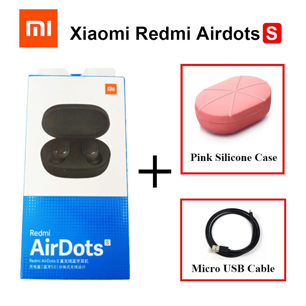 Original Xiaomi Redmi Airdots S TWS Bluetooth 5.0 Earphone Stereo Bass With Mic Handsfree Earbuds Noise reduction TWSEJ05LS: Add USB Pink Case