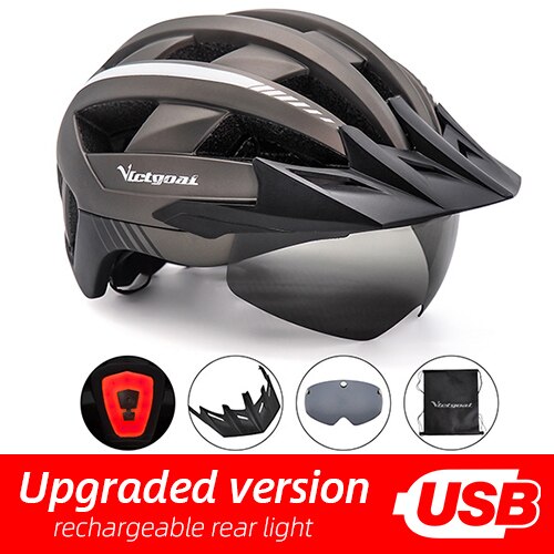 Victgoal Bicycle Helmet LED Moutain Road USB Rechargeable Light Cycling Helmet For Man Sun Visor Goggles Men MTB Bike Headgear: Ti USB LED