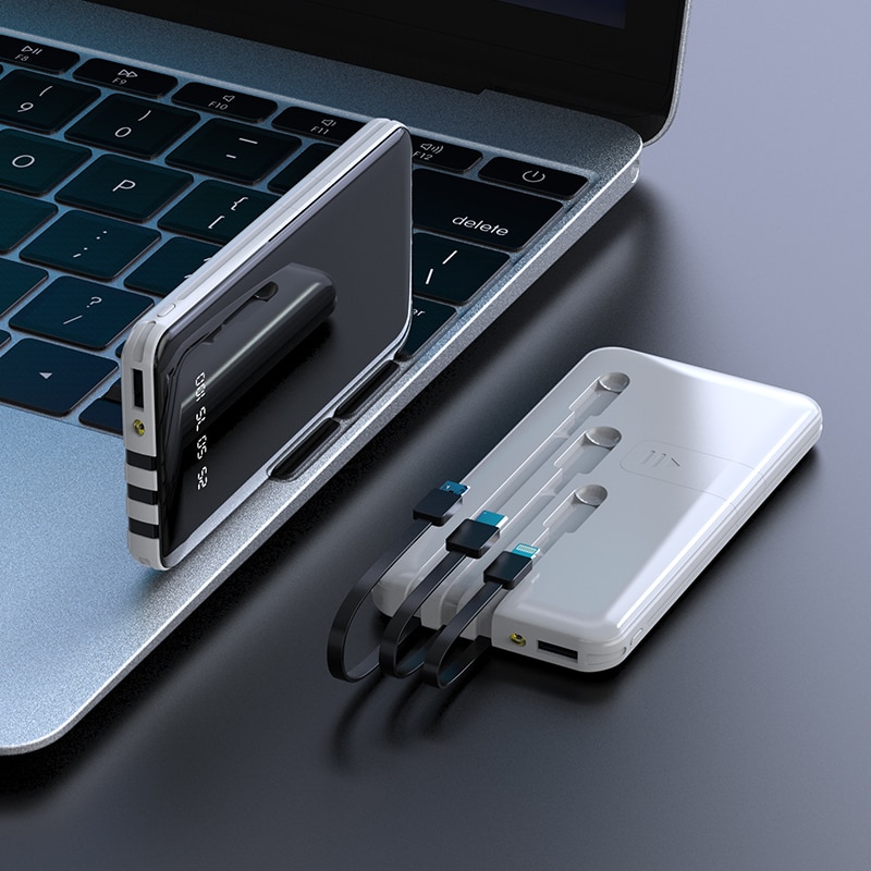 30000mah Power Bank Built-in 3 Cables Full Screen Powerbank Fast Charging External Battery for IPhone Samsung Xiaomi power bank: White