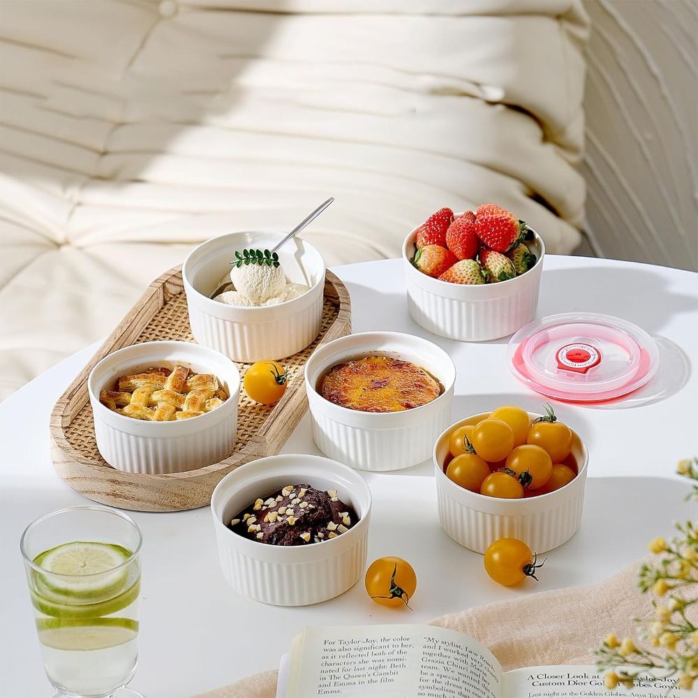 6pcs Baking Bowl 8 Oz Ramekin Porcelain with Lid Dessert Cup White High Temperature Resistant Pudding Cup Dishwasher