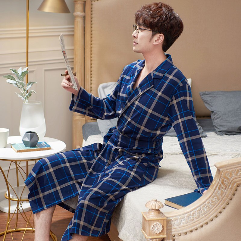 Verlengen Lange Grote Werven Kimono Robe Katoenen Badjassen Mannen Nachtkleding Mannen Nightgowns Homewear Pijama Lange Mouwen Robe Peignoir Homme