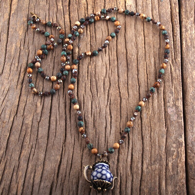 RH Boho Schmuck 4mm Natürliche Steine Porzellan Teaport Anhänger Halsketten: 2