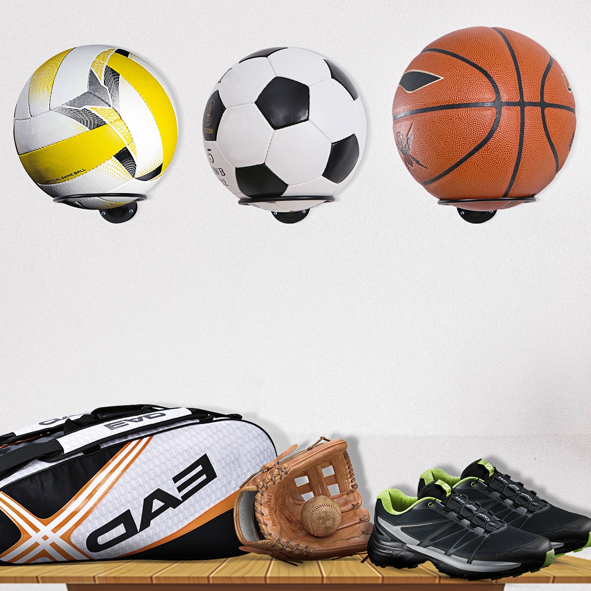 Clispeed 2 stk vægmonterede kugleholdere displayholdere til basketball fodbold fodbold volleyball træningsbold (sort)
