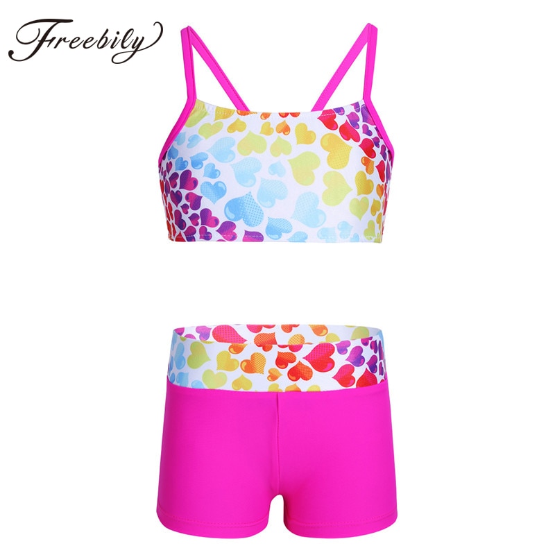 2pcs Children Girls Polka Dot Strappy Swim Tops and Bottoms Shorts Sets Swimwear Kids Sport Gym Dancing Exercise Workout Outfits