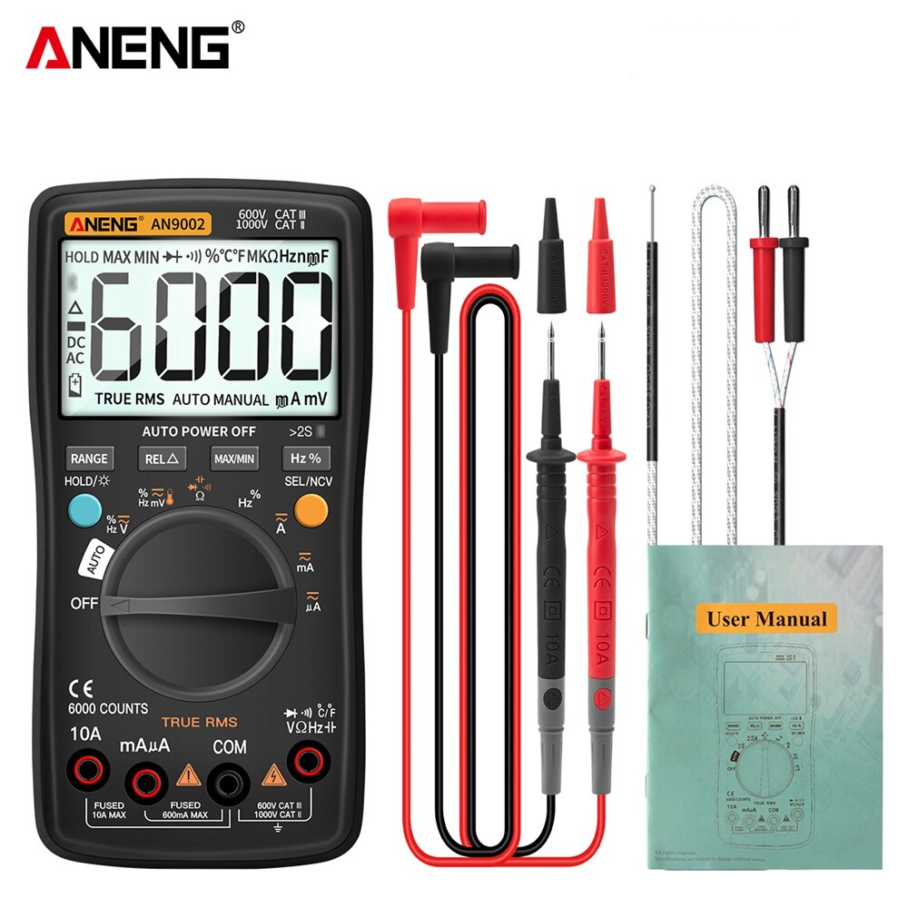 Aneng AN9002 Multimeter Bluetooth Digitale Multimeter 6000 Telt Multimetrotrue Rms Ac/Dc Stroom Spanning Tester Auto-Range: Black