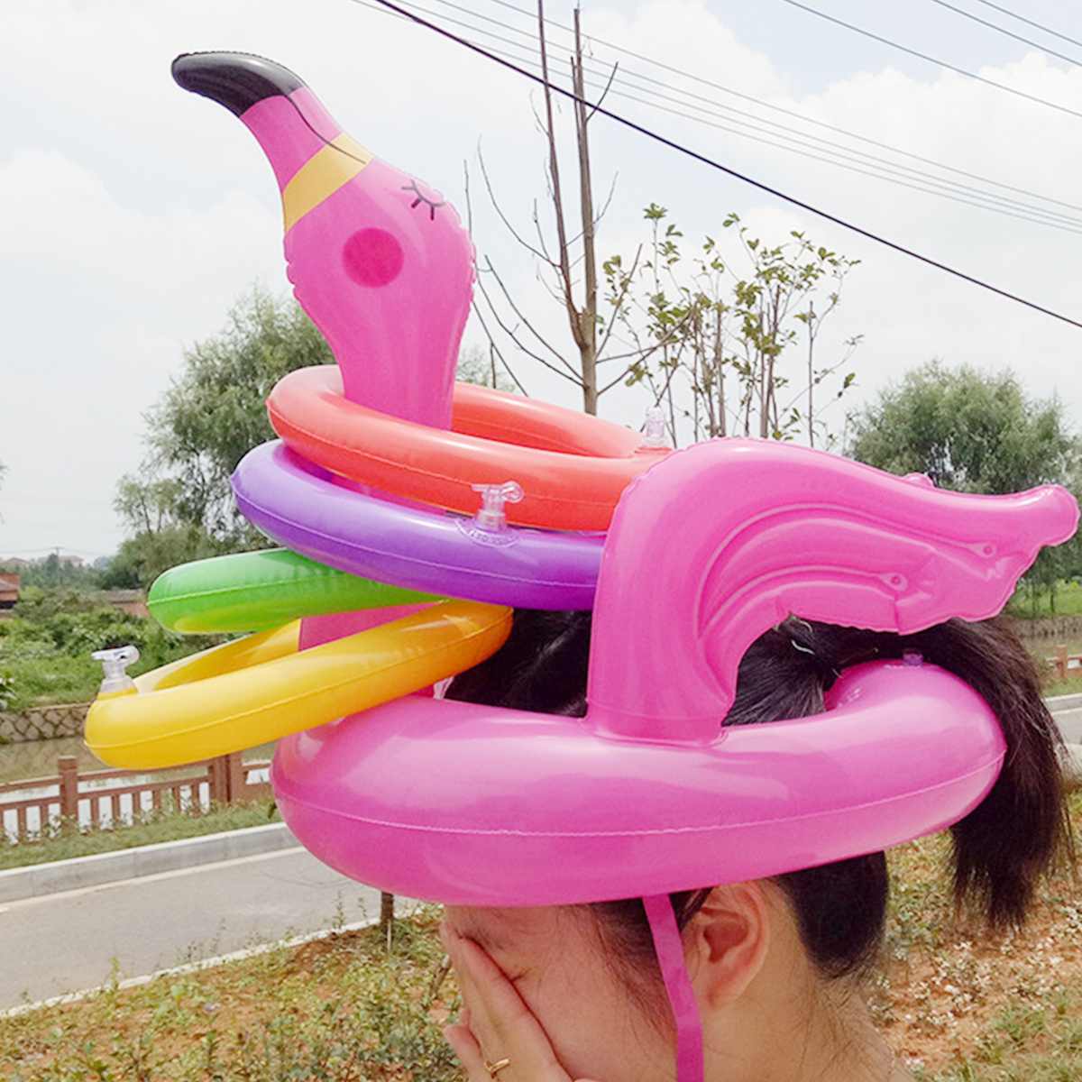 Opblaasbare Flamingo Hoofd Hoed Met 4Pcs Toss Ringen Draagbare Water Spel Voor Familie Party Roze Pvc Materiaal Zwembaden & leuk Speelgoed