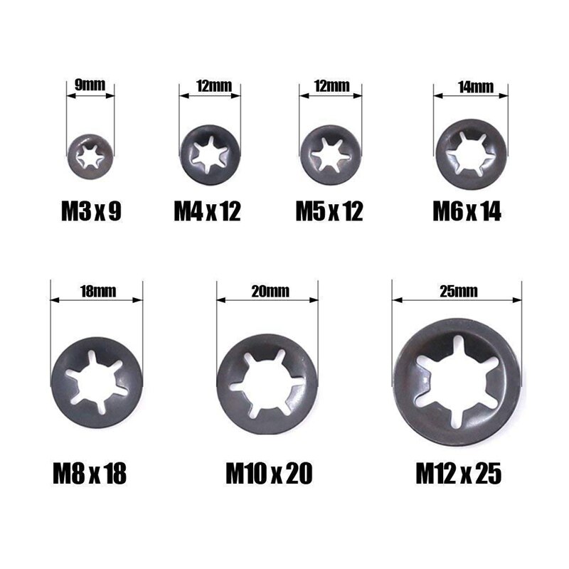 340 st interna tand starlock brickor snabbhastighets låsbrickor tryck på hastighet clips fästelement sortiment kit, svart oxid fini