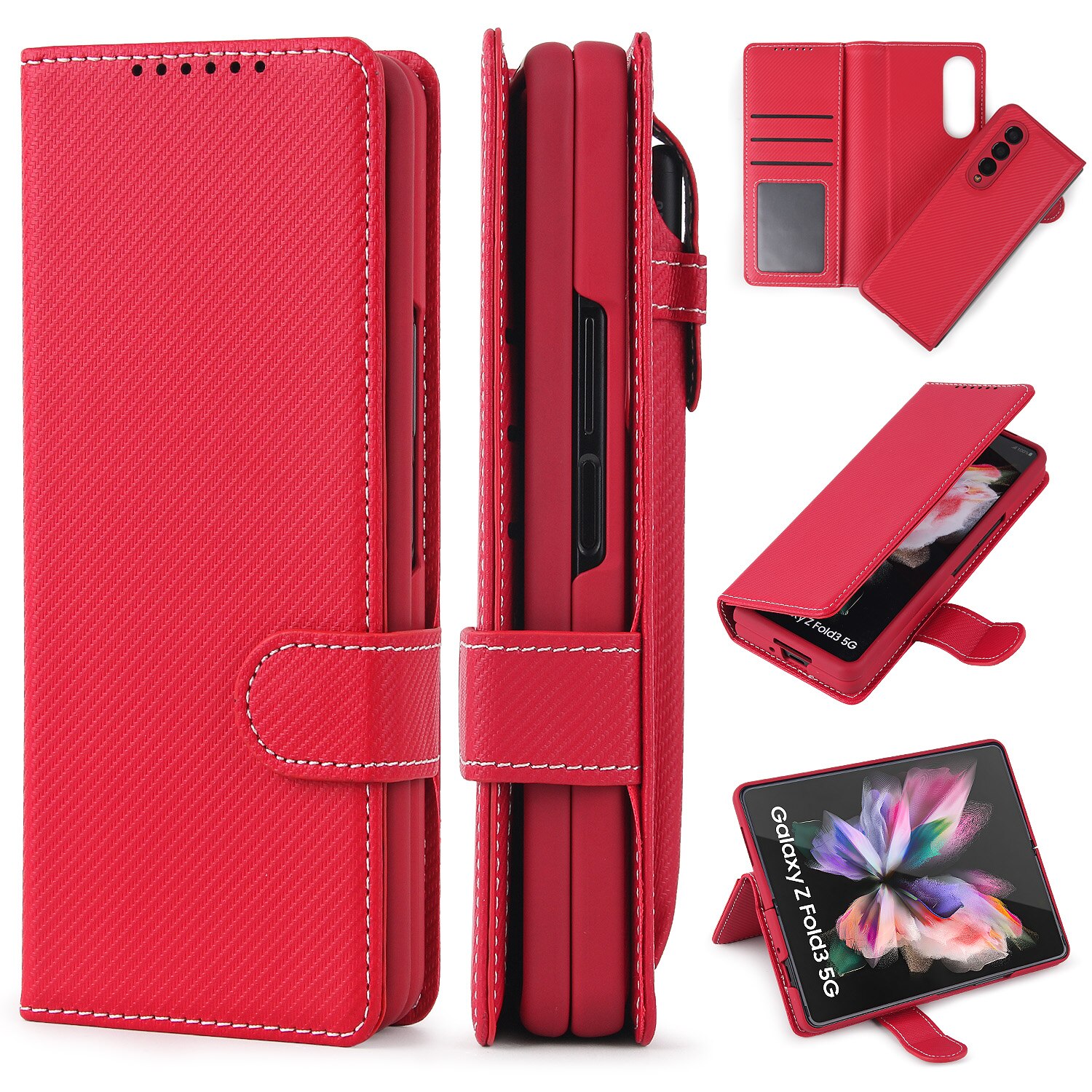 Afneembare Case Voor Samsung Galaxy Z Vouw 3 Pu Leer Magnetische Kickstand Shockproof Cover Met S Pen Stylus Houder: Twill Red