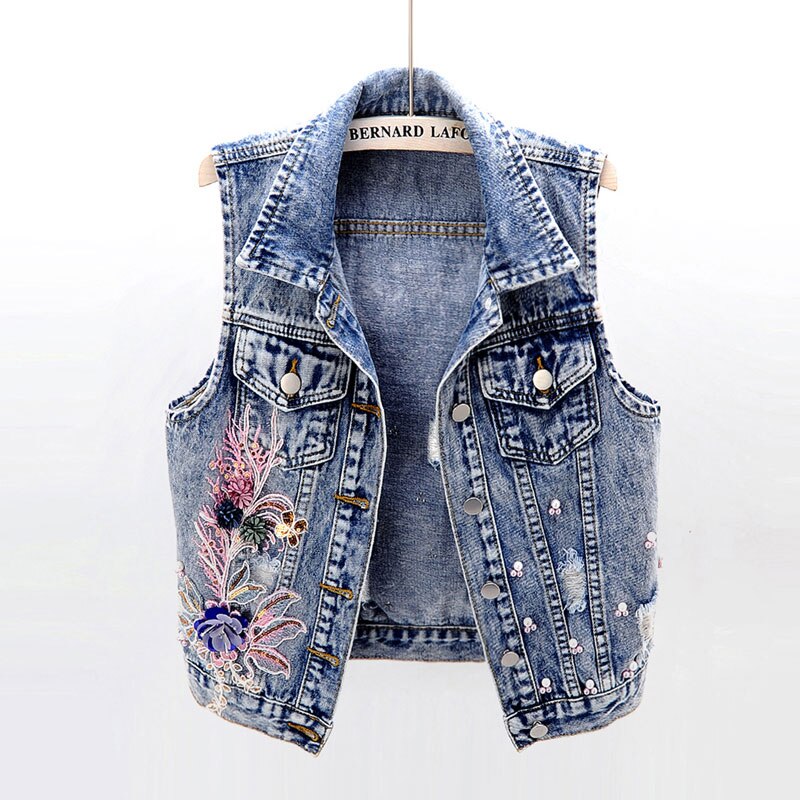 Street style 3d blomster broderi denim vest kvinder med perler jean veste ærmeløs