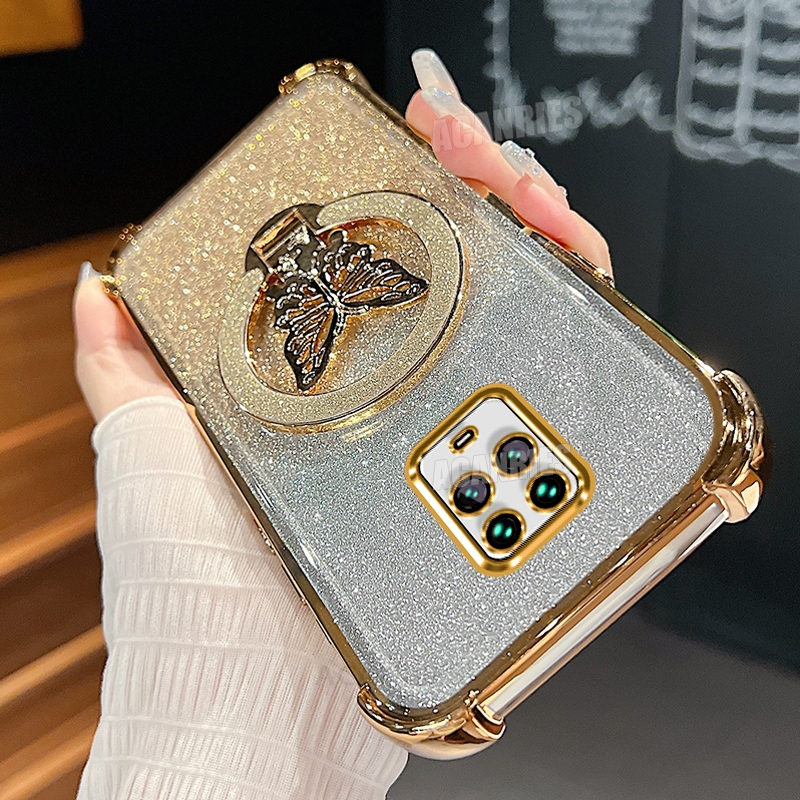 Note9s Glitter Butterfly Holder Plating Gradation Silicone Case On For Xiaomi Redmi Note 9 Pro 9pro 9s Shockproof Cover Note9pro: EVA / Black