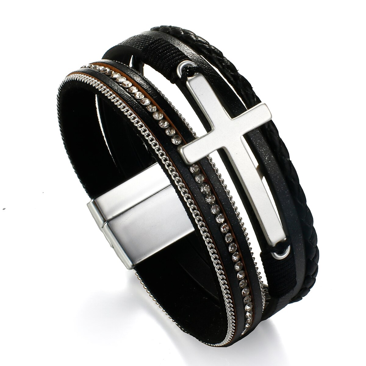 Amorcome Multilayer Cross Charm Leather Bracelets for Women Vintage Rhinestones Warp Bracelet Bangle Jewelry: Black