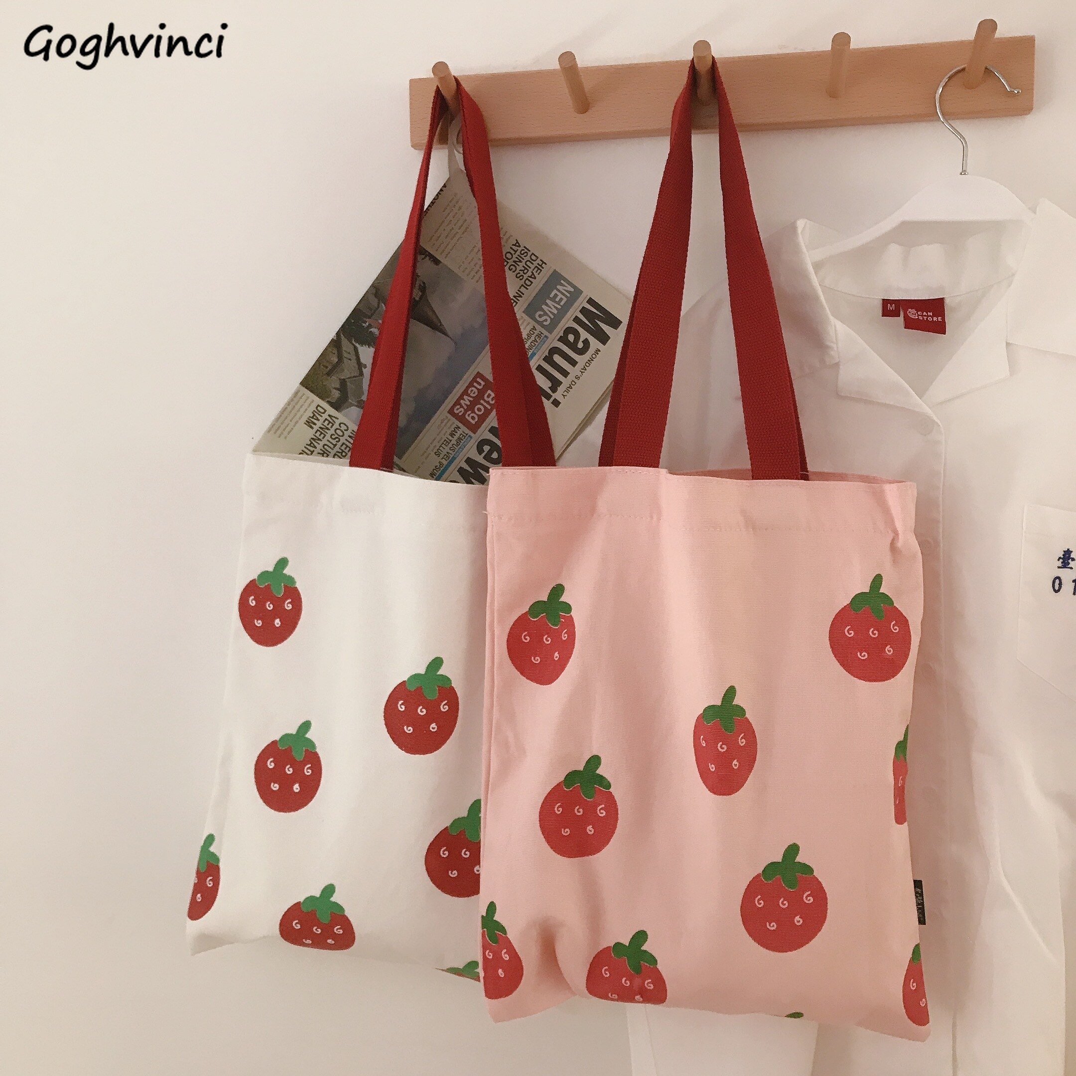 Einkaufstaschen Frauen Erdbeere Gedruckt Kawaii Nette eins Leinwand Tasche Große Kapazität Frauen eins Handtasche Schüler Tote Tasche Ulzzang Neue