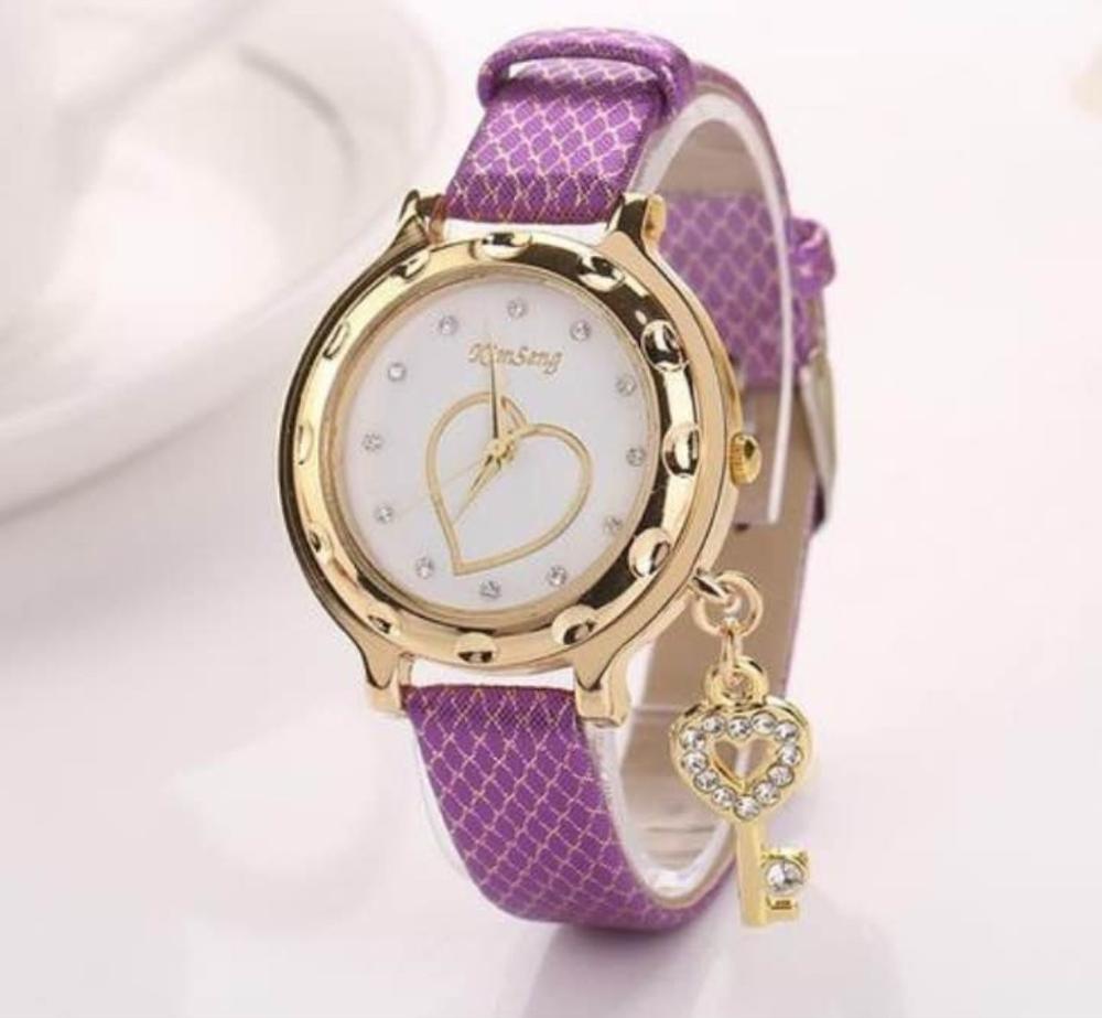 Vrouwen Horloges Rvs Sleutel Hanger Hart Dames Horloge Mode Strass Quartz Horloge Vrouwelijke Klok relogio feminino: Purple Color