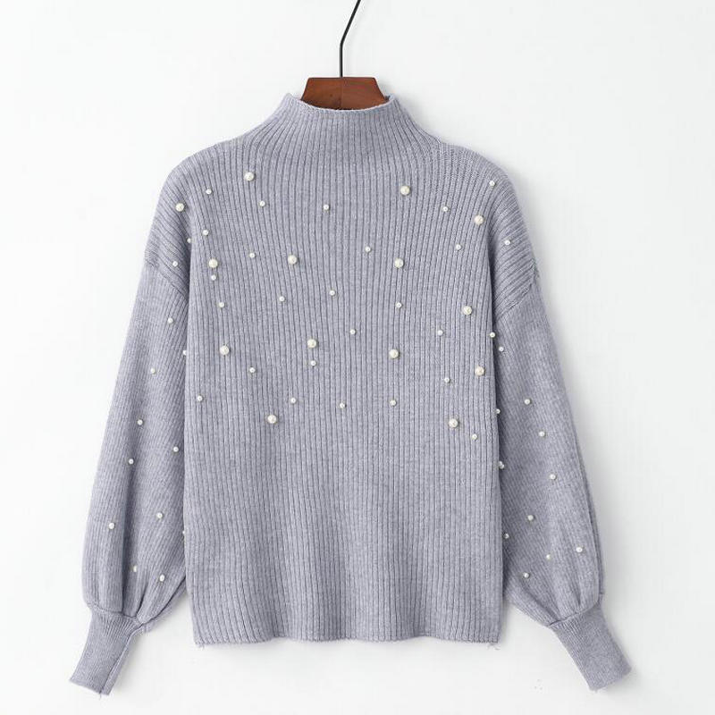 Autumn Winter Pearl Beading Sweater Women Pullovers Stand Collar Knit Jumper Casual Tight Cropped Sweater Three Quarter Sleeve