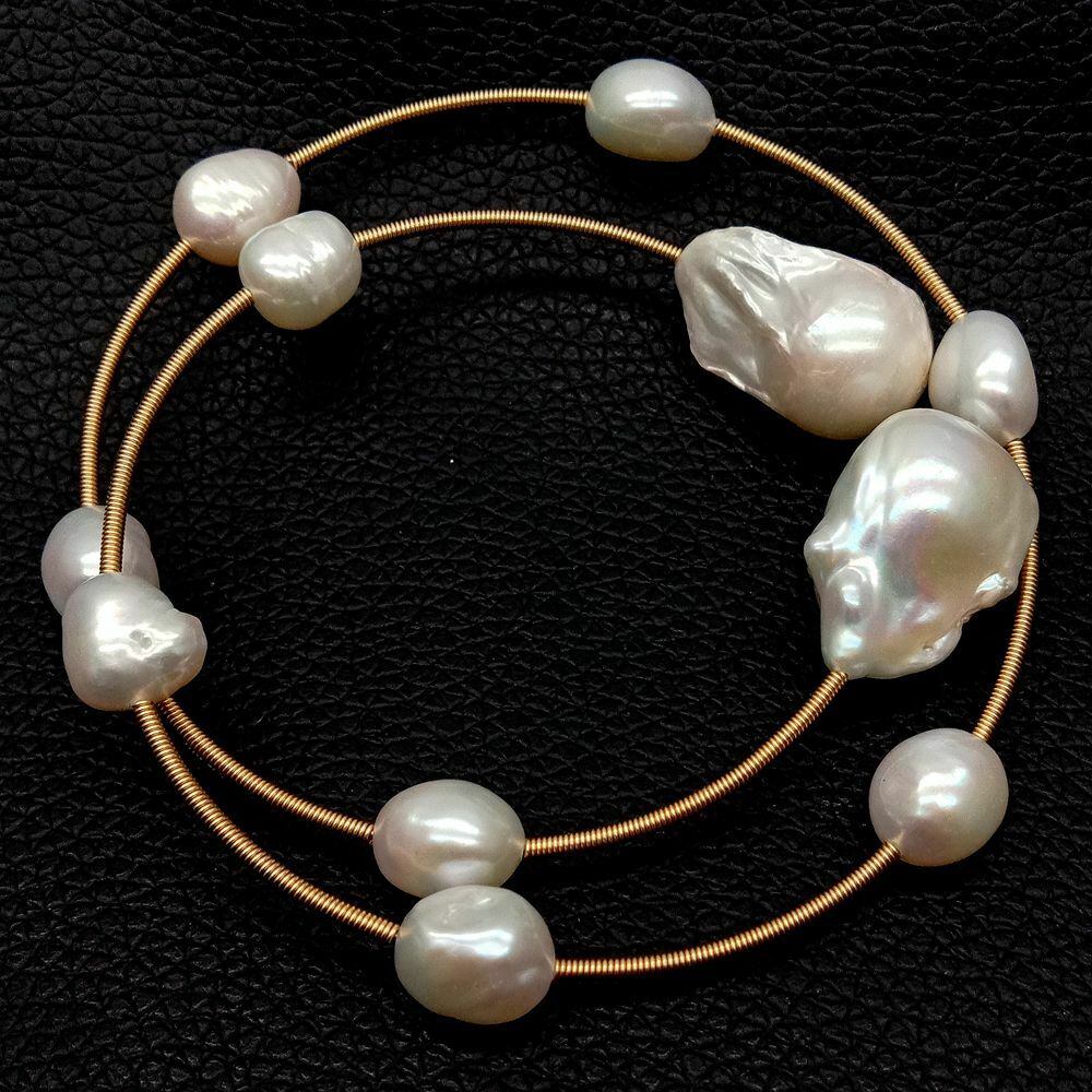 Bracelet réglable en perles d'eau douce baroques blanches Keshi