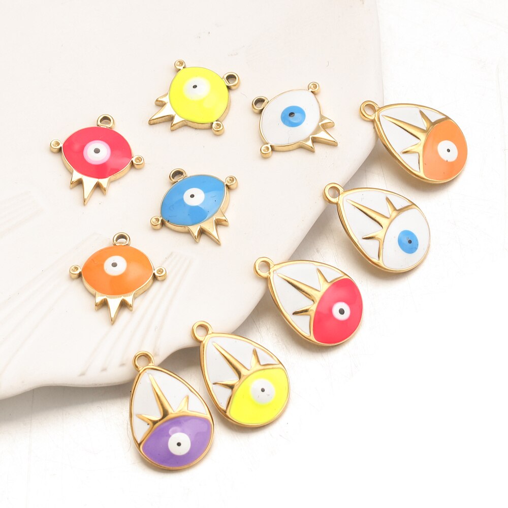 5pcs Stainless Steel Enamel Turkey Eye Medal Charm Pendants for Women Necklace Bracelet Making DIY Jewelry Charms Findings