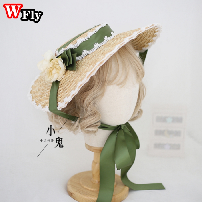 Chapeau de soleil en paille pour femmes et filles, japonais, Lolita, fait à la main, ruban de fleurs en dentelle, nœud papillon à large bord, chapeaux de paille élégants: style 1