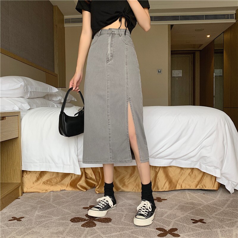 Koreaanse stijl hoge taille slanke midi rok split denim tas hip a-lijn rok voor vrouwen